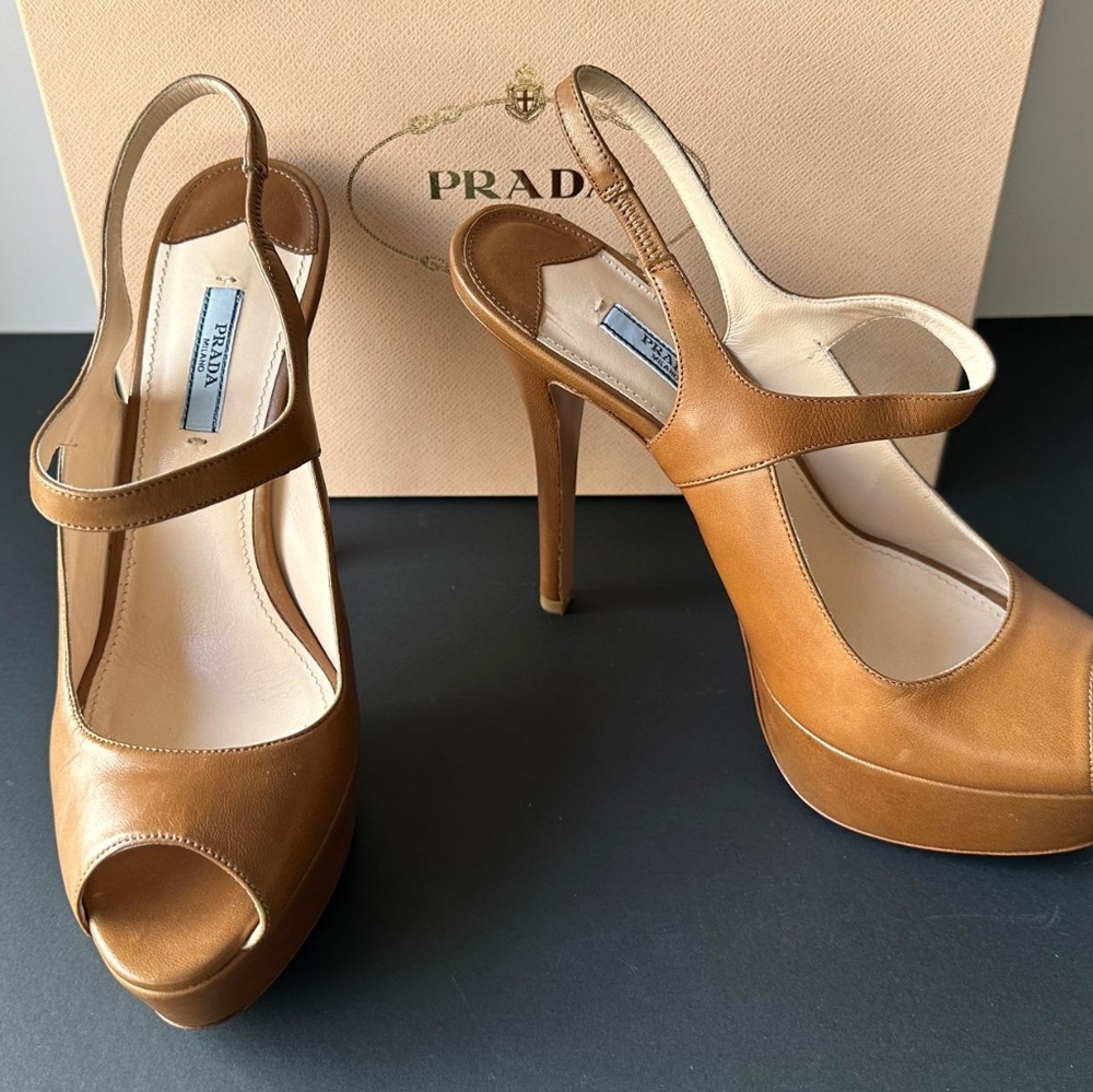 Prada Open Toe Slingback Platform Leather Shoes